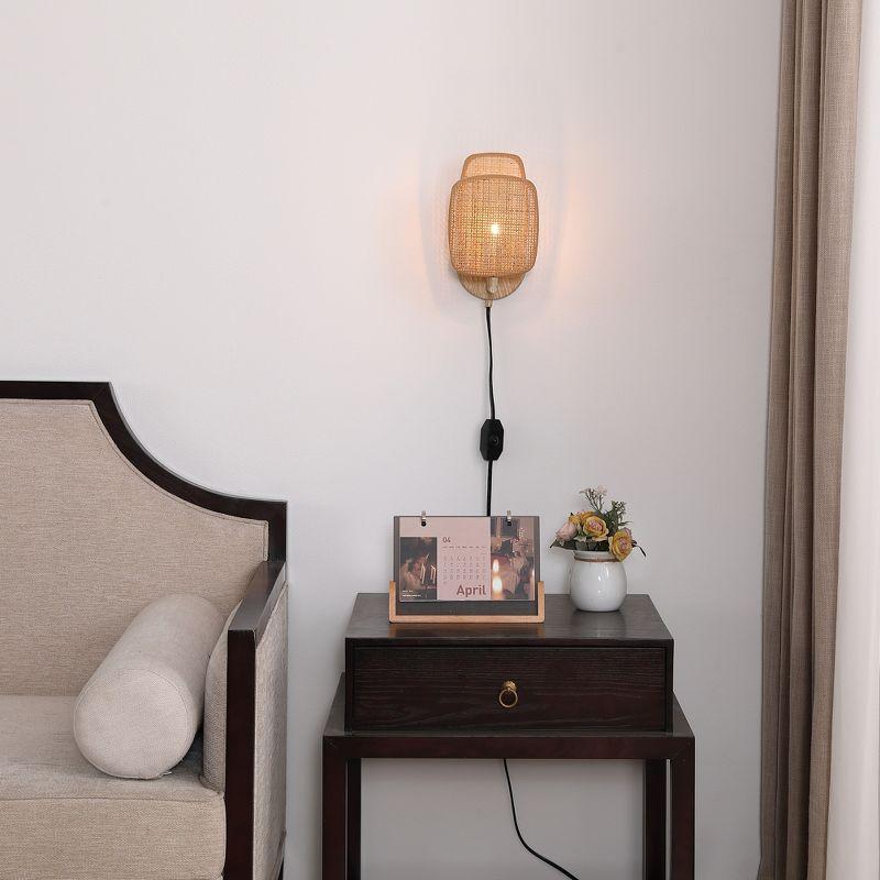 Amud 1 - Light Natural Woven Bamboo Plug-in Armed Sconce, With Dimmer Switch