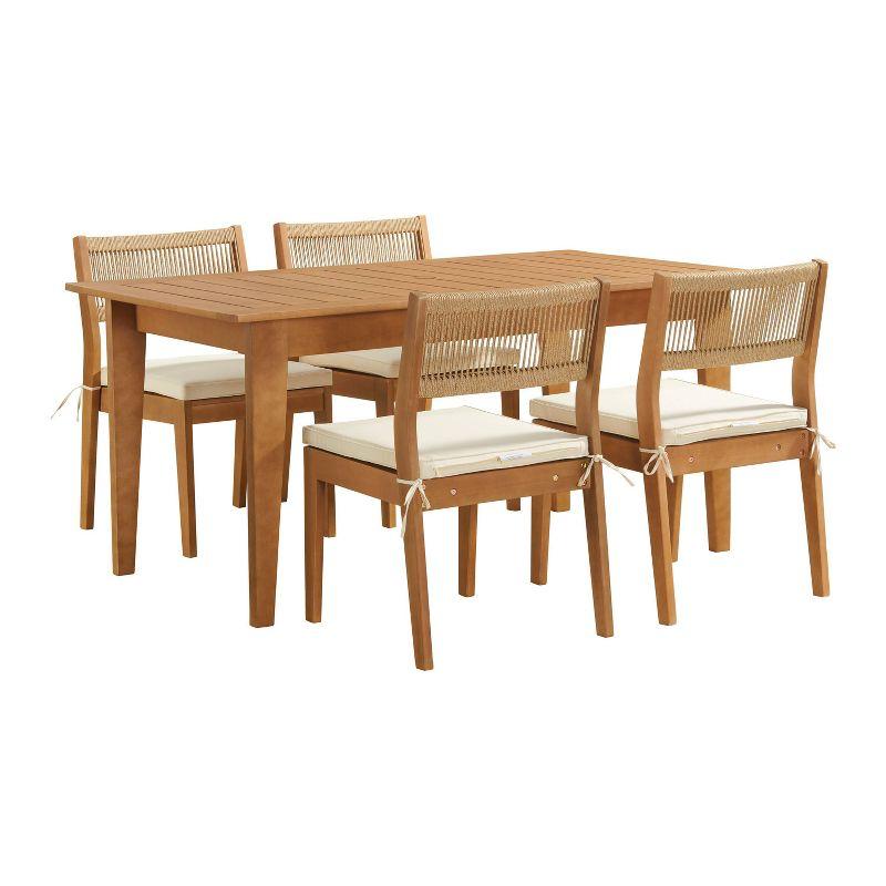 Pomona 5 Pc Patio Dining Set Wood One 63" Outdoor Dining Table 4 Stackable Chairs With Cushions