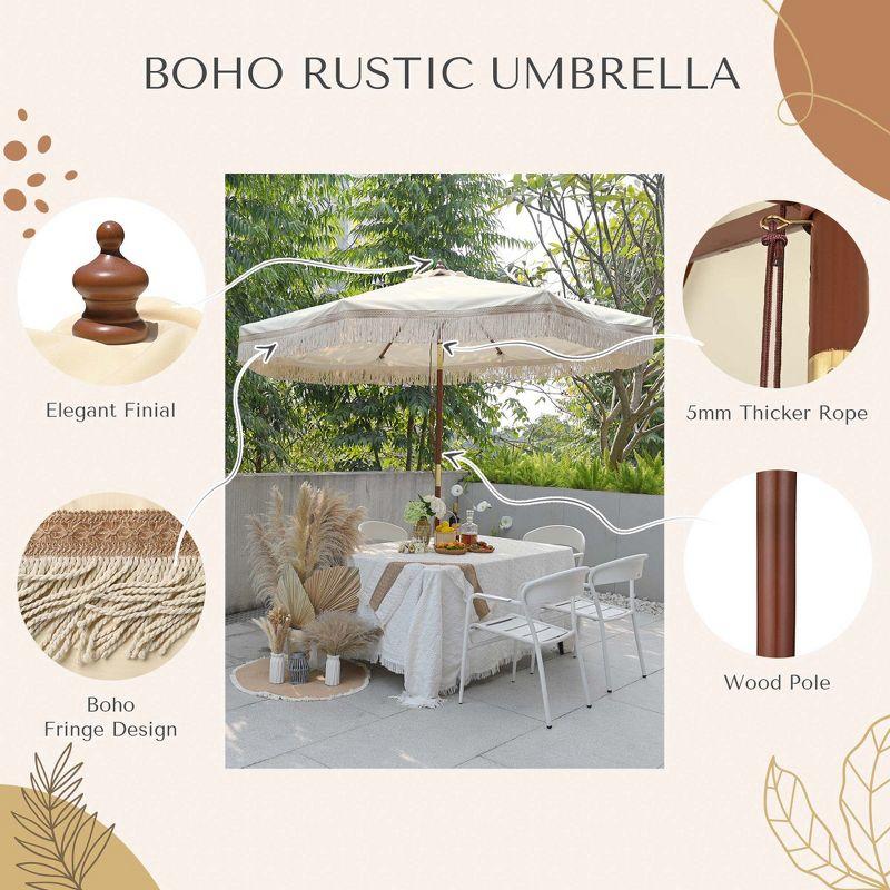 LAGarden BOHO 9' Fringe Patio Umbrella with Tassels UPF50+ Boho Style 5-Year-Non-Fading for Outdoor Yard Market Butter Twisted Root beige