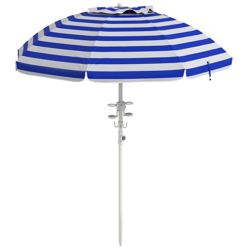 Outsunny 5.7' Beach Umbrella with Cup Holders, Hooks, Vented Canopy, Portable Outdoor Umbrella, Blue Stripe