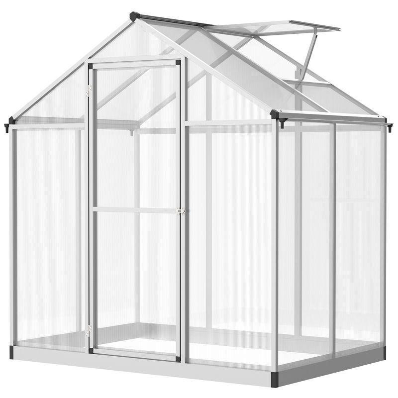 Outsunny Walk-In Polycarbonate Greenhouse with Roof Vent for Ventilation & Rain Gutter, Hobby Greenhouse for Winter