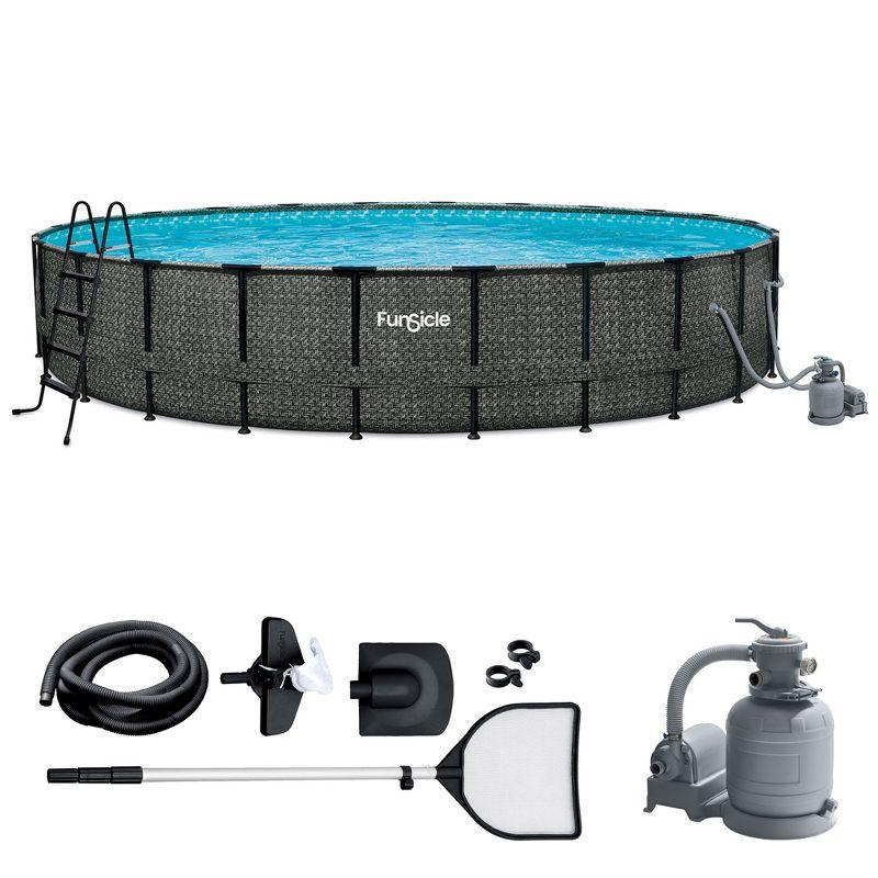 Funsicle 24 Feet by 52 Inches Oasis Designer Round Frame Above Ground Swimming Pool with SkimmerPlus Filter Pump and Cover, Dark Herringbone Pattern