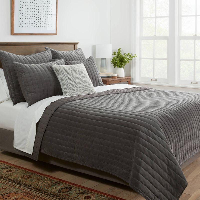 King Channel Stitch Velvet Quilt Gray - Threshold™: Cotton Backing, Year Round Comfort, Machine Washable