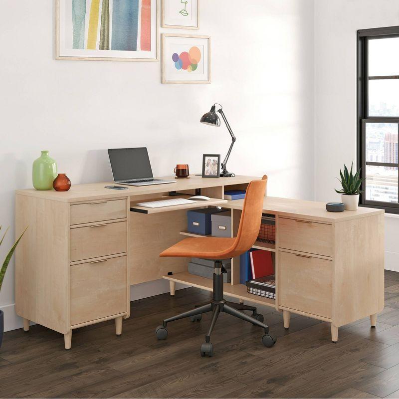 Clifford Natural Maple L-Shaped Computer Desk with Keyboard Tray and Filing Cabinet