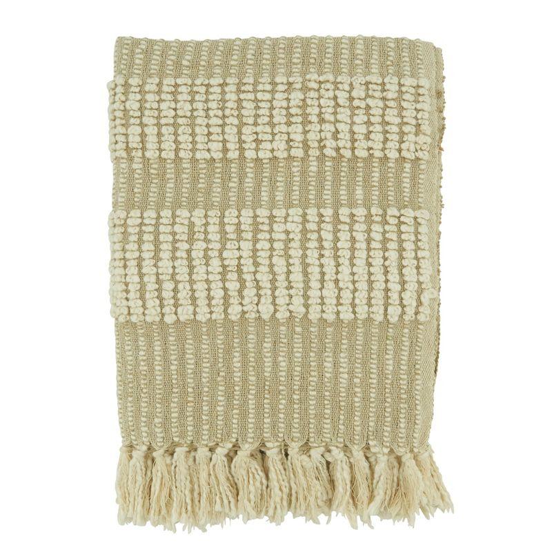 Tasseled Edge Natural Cotton Woven Stripe Throw Blanket