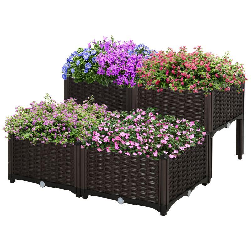 Brown 4-Piece Plastic Raised Garden Bed Planter Set