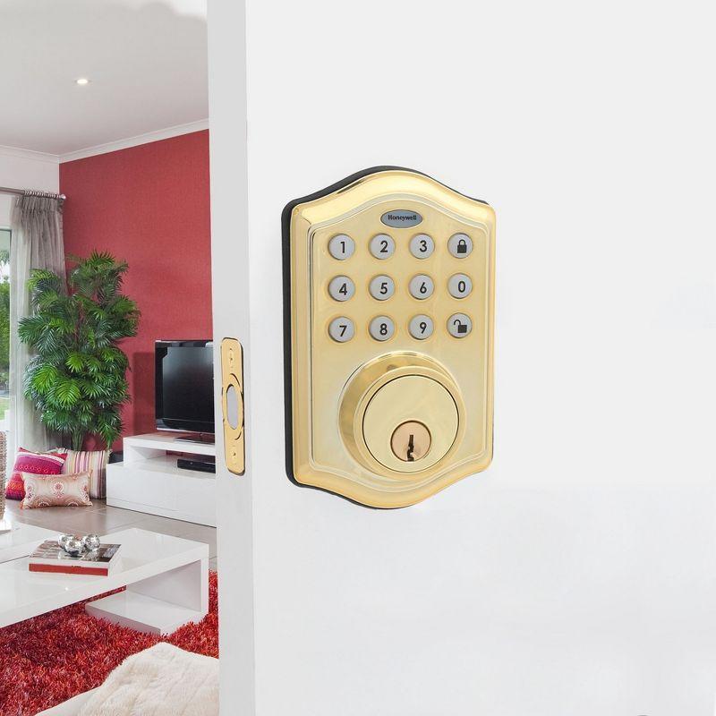 Honeywell Electronic Deadbolt- Polished Brass: Single Cylinder Door Lock, Steel & Plastic, Electric, Gold Finish