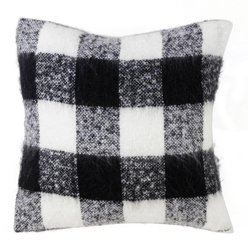 Black and White Faux Mohair Buffalo Plaid Square Throw Pillow