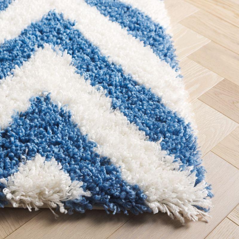 Ivory and Blue Hand-Tufted Cotton Shag Area Rug, 7' x 7'