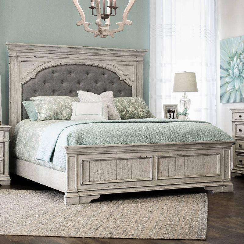 King Rustic Ivory Wood Frame Panel Bed with Tufted Upholstered Headboard