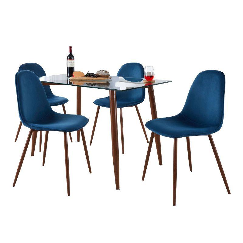 Mid-Century Modern Blue Velvet and Walnut Dining Set with Glass Top