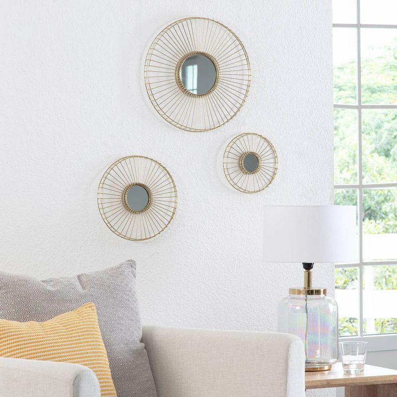 Brewster (Set of 3) Ariston Gold Wall Mirrors: Modern Sunburst Design, Metal Frame, No Assembly Required