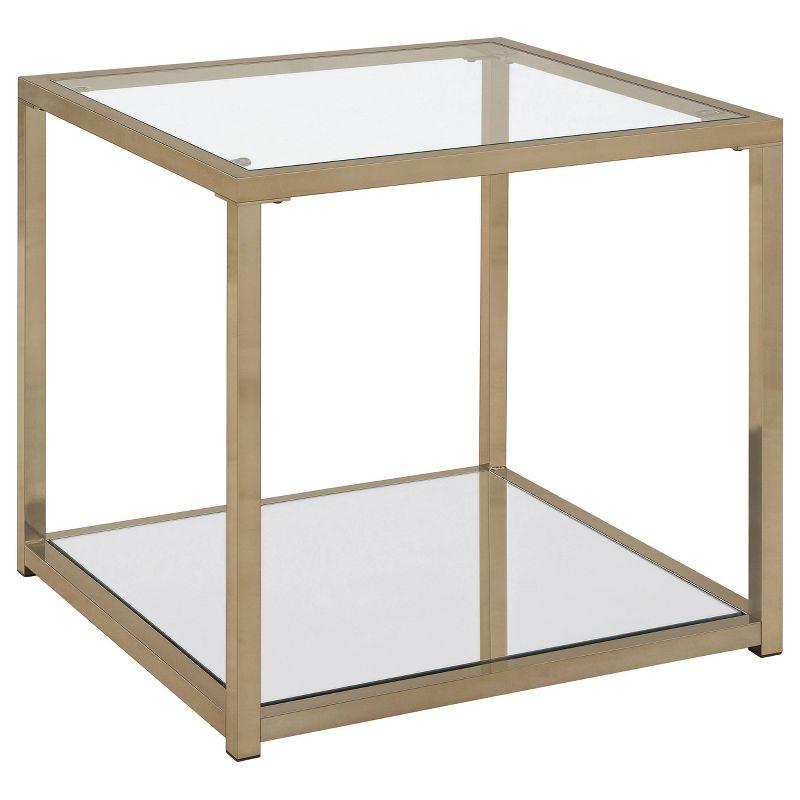 Cora Transitional Square Glass Top End Table with Mirrored Shelf in Gold