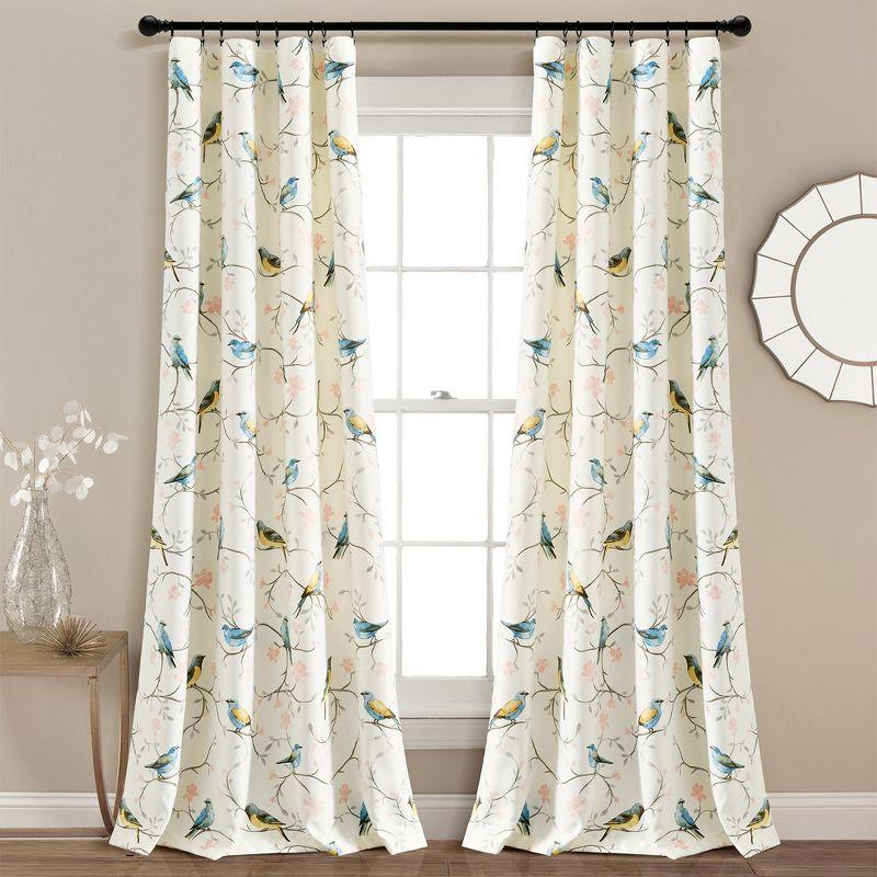 Botanical Bird and Flower Polyester Blackout Curtain Pair, 84" L x 52" W