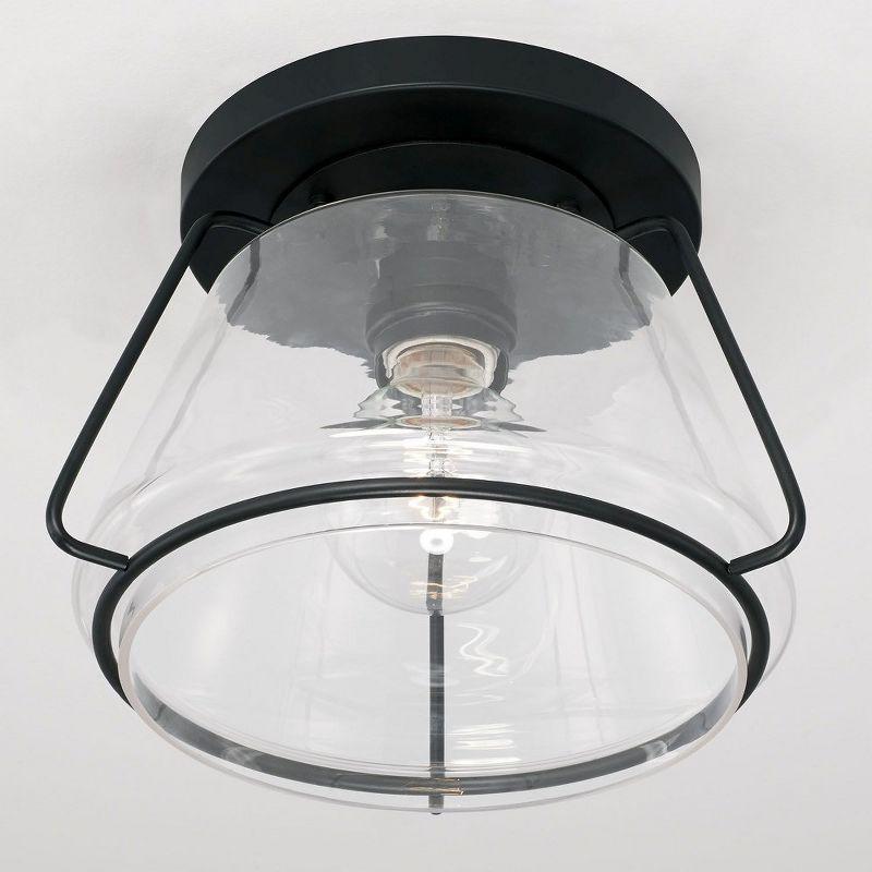 Vintage Lantern-Inspired Matte Black and Clear Glass 1-Light Flush Mount