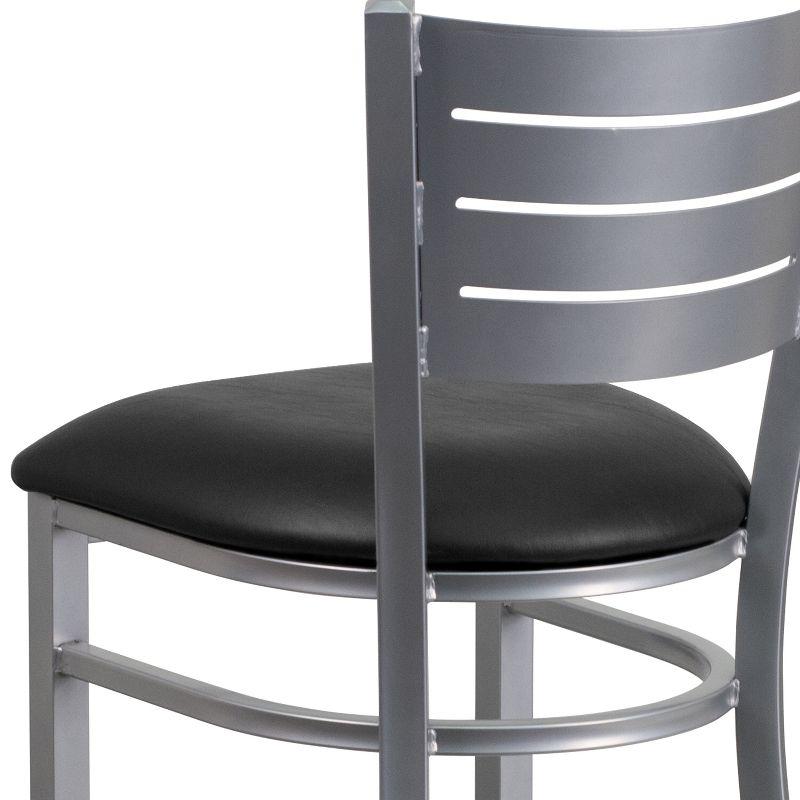 Sleek Silver Slat-Back Barstool with Black Vinyl Seat