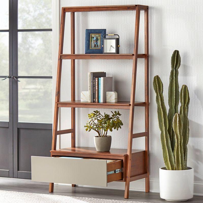 71" Nordic Ladder Shelf Walnut - Lifestorey: Mid-Century Modern Bookcase with Drawer, Open Back Design