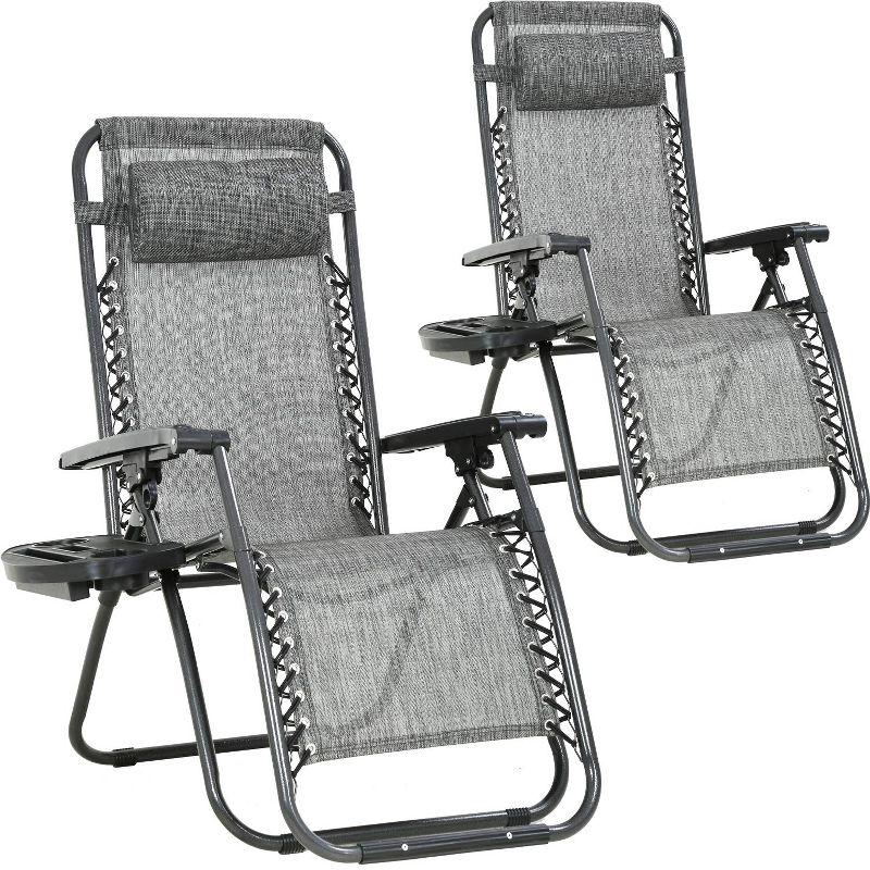 Gray Foldable Zero Gravity Outdoor Lounge Chairs with Cushions, Set of 2