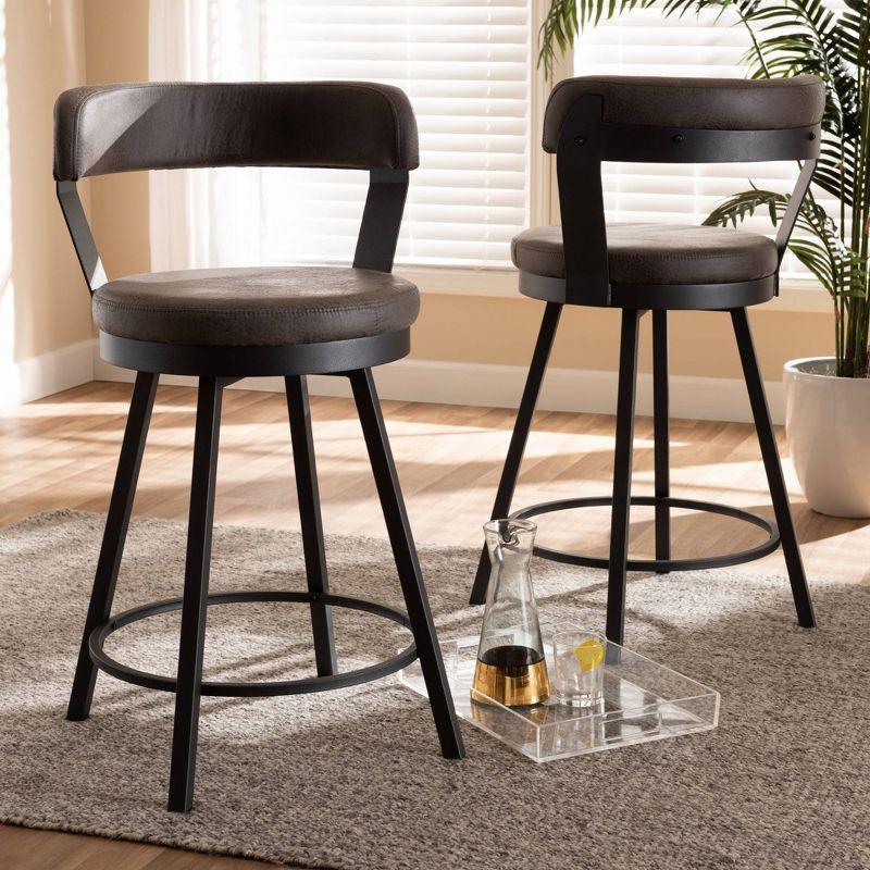 Set of 2 Arcene Faux Leather Upholstered Pub Counter Height Barstools Gray/Black - Baxton Studio: Polyester, Metal Frame, Curved Back