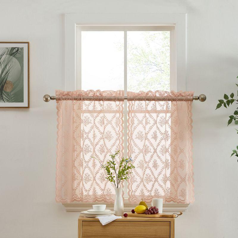 HLC.ME Isabella Floral Rod Pocket Lace Semi Sheer Voile Short Cafe Tiers for Small Windows - Ivory, Tiers - 28 W x 36 L