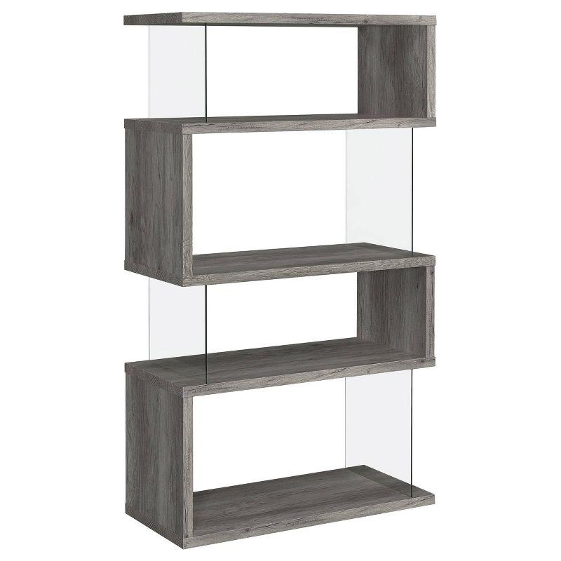 Coaster 63" Emelle 4 Shelf Zig Zag Bookcase with Glass Panels Gray Driftwood: Modern Style, Laminated Melamine Veneer, Metal Hardware