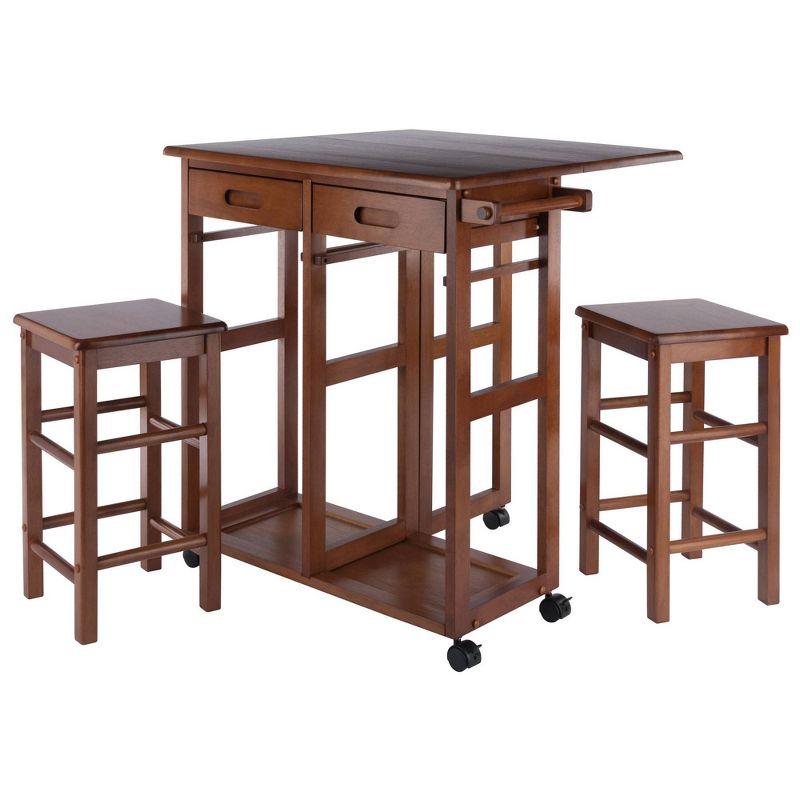 3pc Suzanne Space Saver Drop Leaf Dining Set Teak - Winsome: Compact, Storage Drawers & 2 Stools