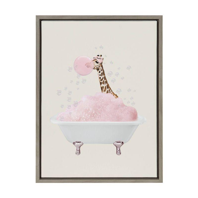 Kate & Laurel All Things Decor 18"x24" Sylvie Giraffe Taking a Bath Framed Canvas Wall Art by July Art Prints Gray Zoo Animal Bath