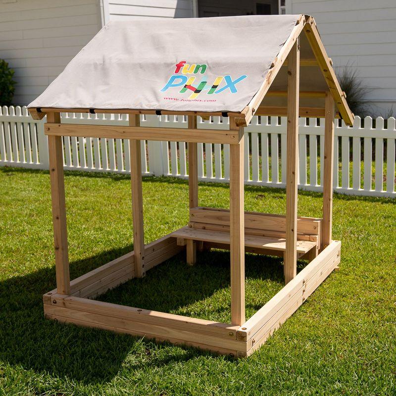 Funphix Dig n’ Play Wooden Sandbox Playhouse with Bench & Flower Planter, Outdoor Sand Pit for Kids