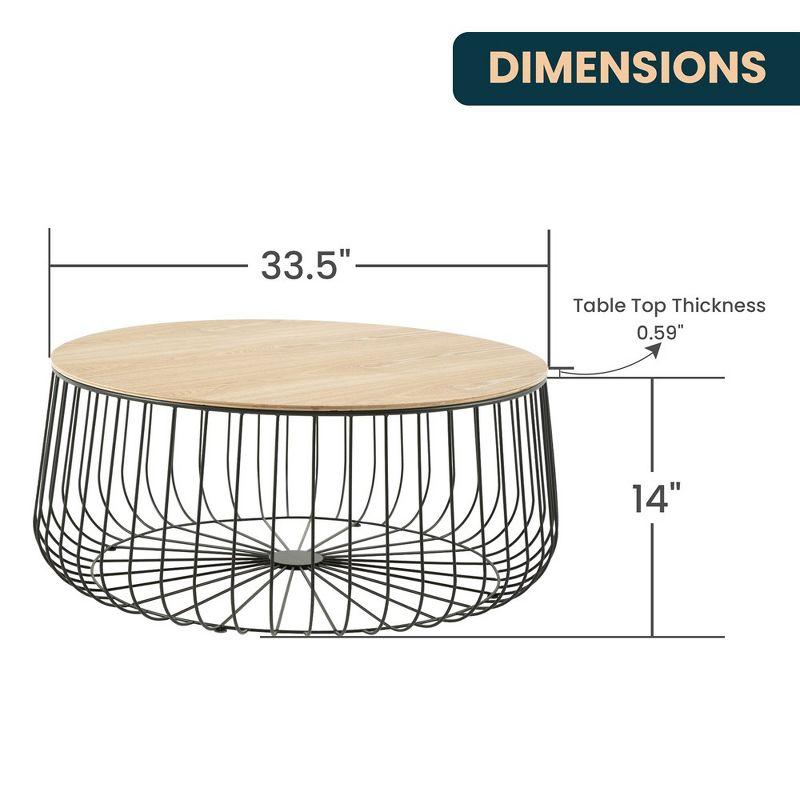 LeisureMod Runswick Mid Century Modern Round Coffee Ash Veneer Top with Black Wire Steel Base Design Accent Table