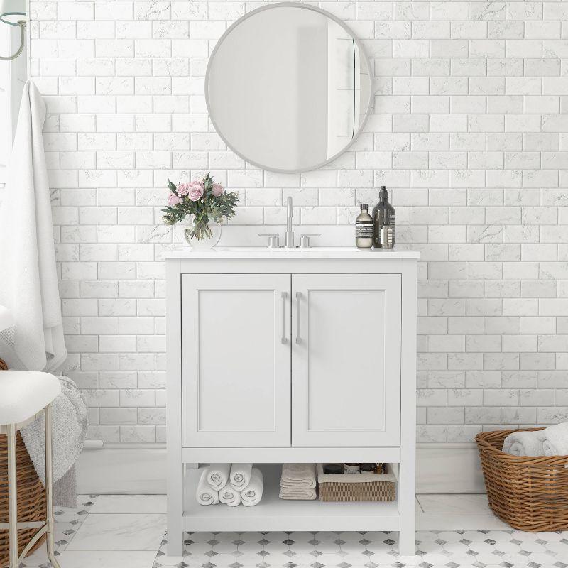 Taylor & Logan 30" Vivien Bathroom Vanity White: Carrara Marble Countertop, Ceramic Sink, Adjustable Shelf