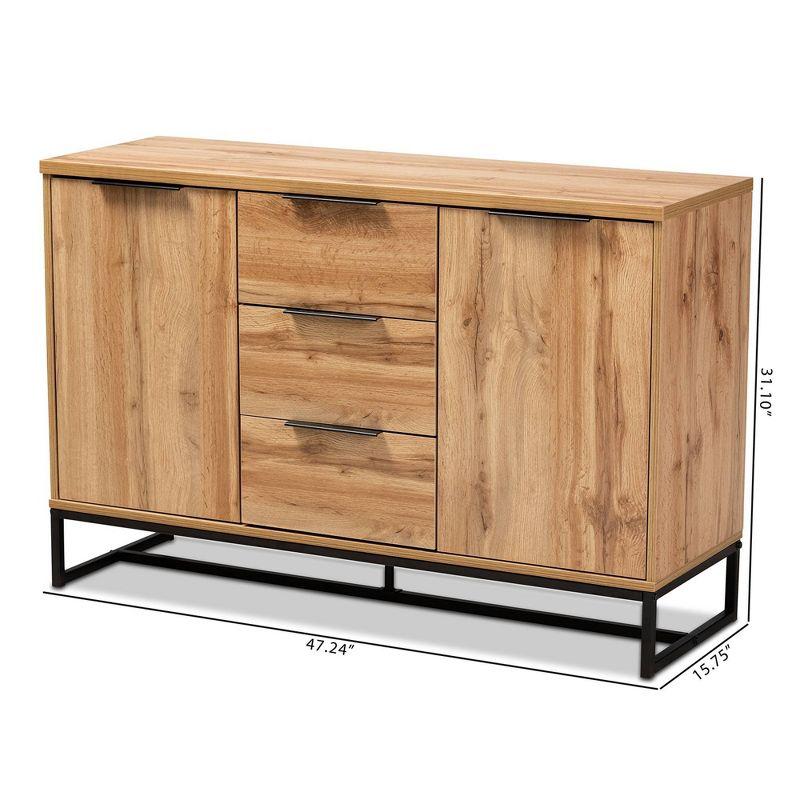 Baxton Studio Reid Wood & Metal 3 Drawer Sideboard Buffet Oak/Black : Farmhouse Style, Fixed Shelves, Storage Cabinet