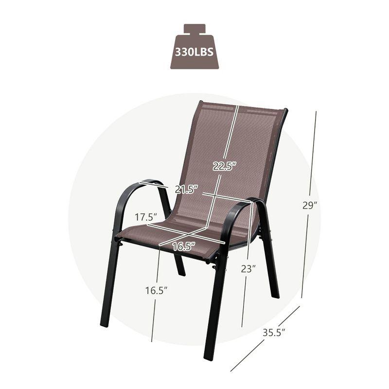 Tangkula 4PCS Patio Stacking Dining Chairs w/ Curved Armrests & Breathable Seat Fabric Brown