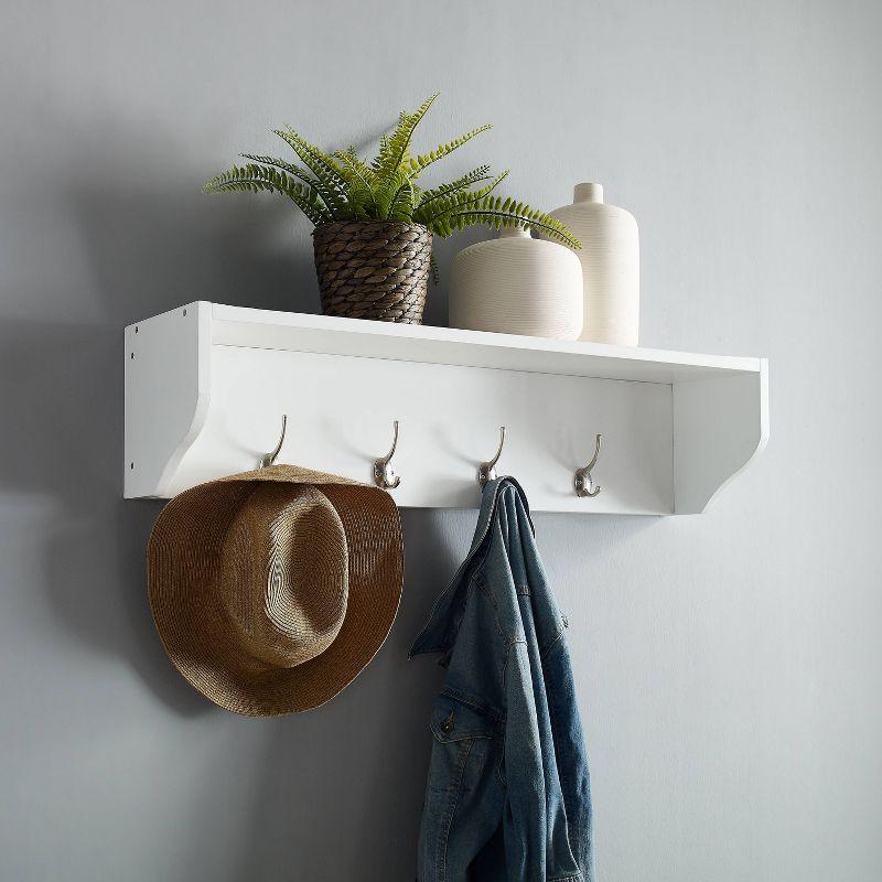 White Wood Wall-Mounted Entryway Shelf with Hooks