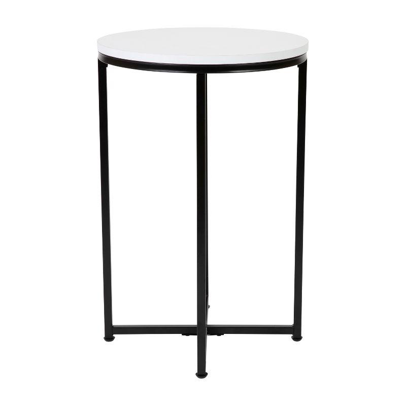 Elegant White Round Laminate Top End Table with Matte Black Metal Frame