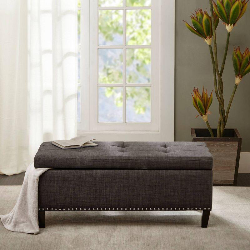 Charcoal Tufted Top Storage Ottoman with Nailhead Trim