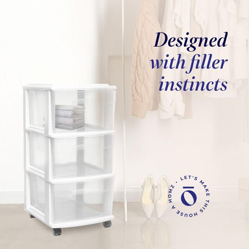 HOMZ Drawer Tower, 3-Tier Clear Plastic Storage Organizer Cart, White Frame - Heavy-Duty Organizing Drawers for Home, Bedroom, and Closet Organization