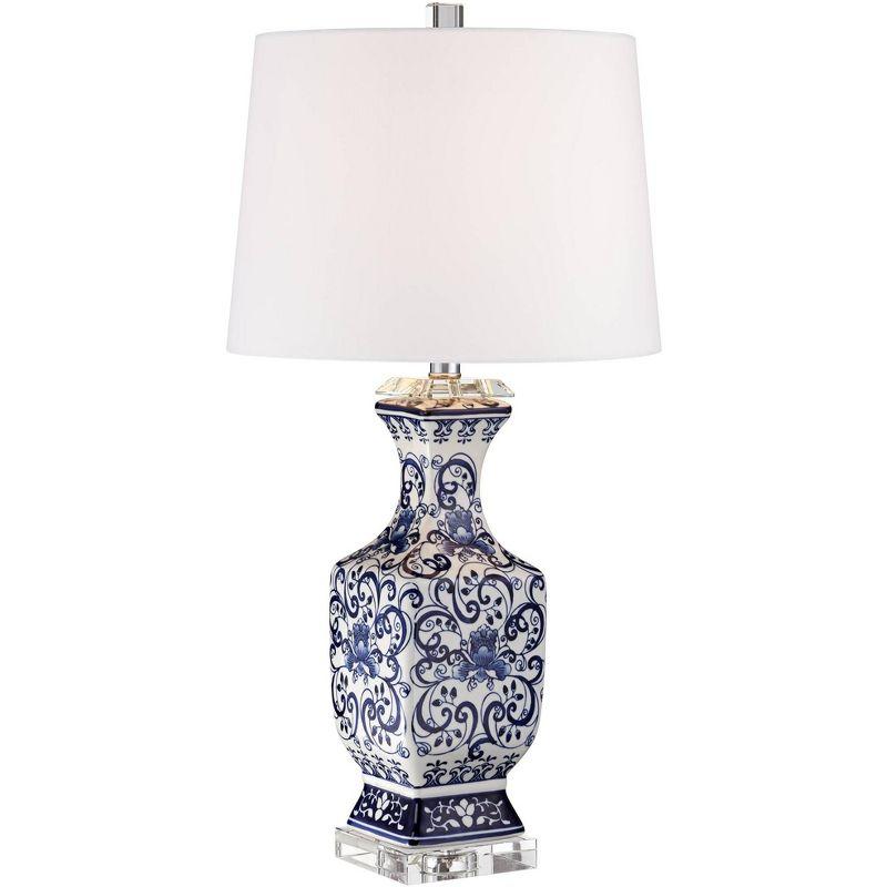 Blue and White Porcelain Floral Table Lamp with Crystal Base