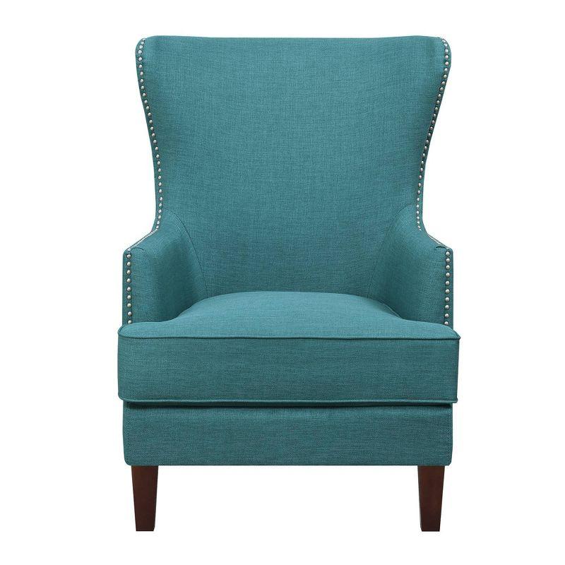 Transitional Teal Winged Accent Chair with Silver Nailhead Trim