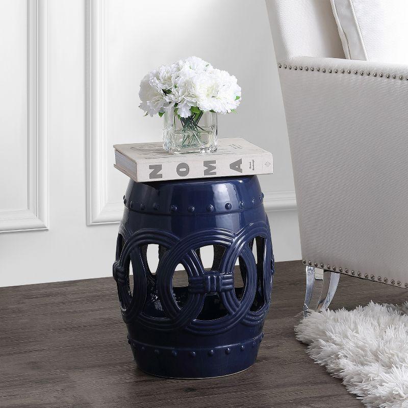 Lucky Coins 16" Eastern-Inspired Ceramic Drum Garden Stool, Navy - JONATHAN Y