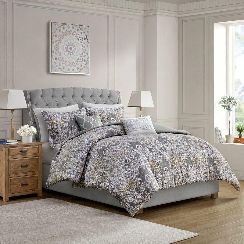 Elegant Grey Damask 5-Piece Cotton Duvet Cover Set