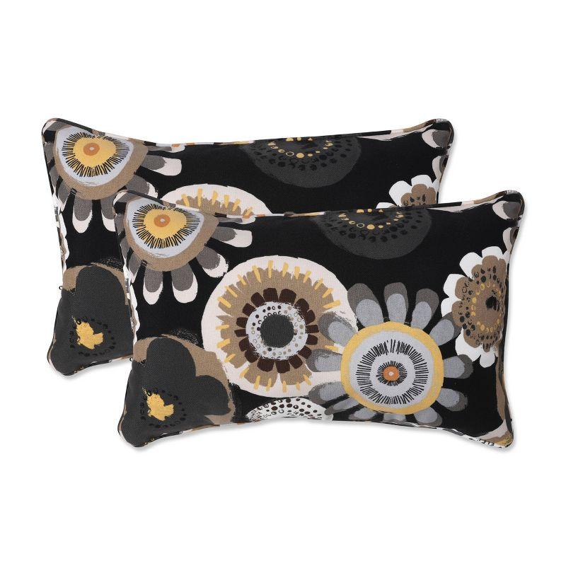 Set of 2 Black and Yellow Floral Rectangular Outdoor Pillows