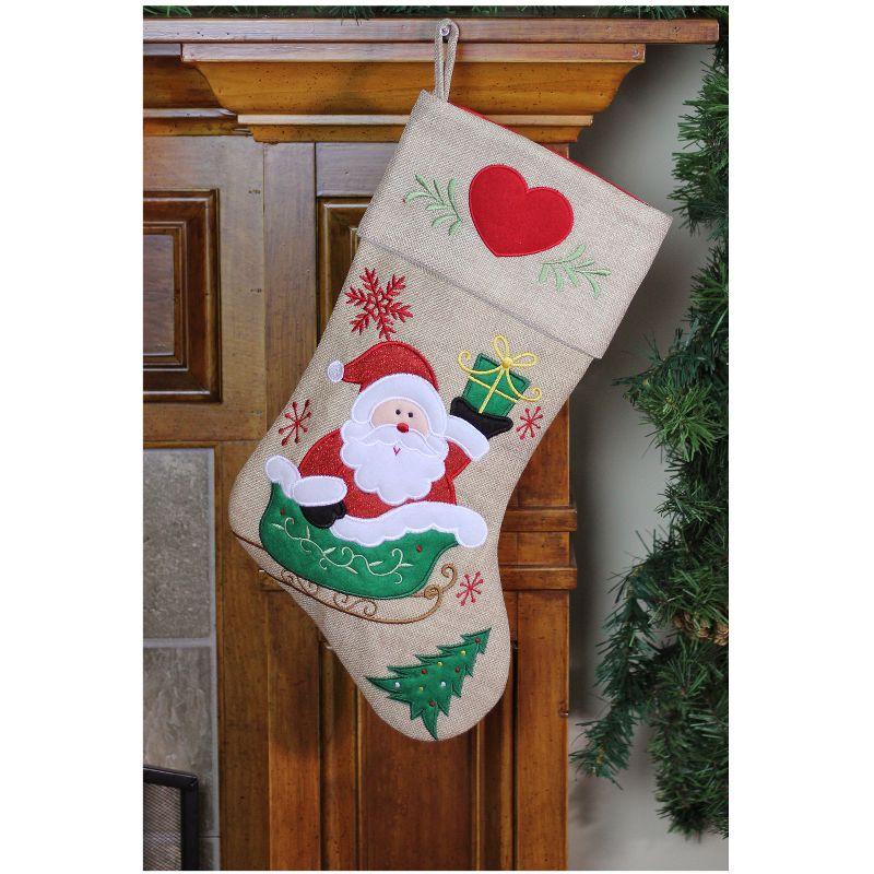 19" Red and Green Burlap Santa Claus Sleigh Christmas Stocking