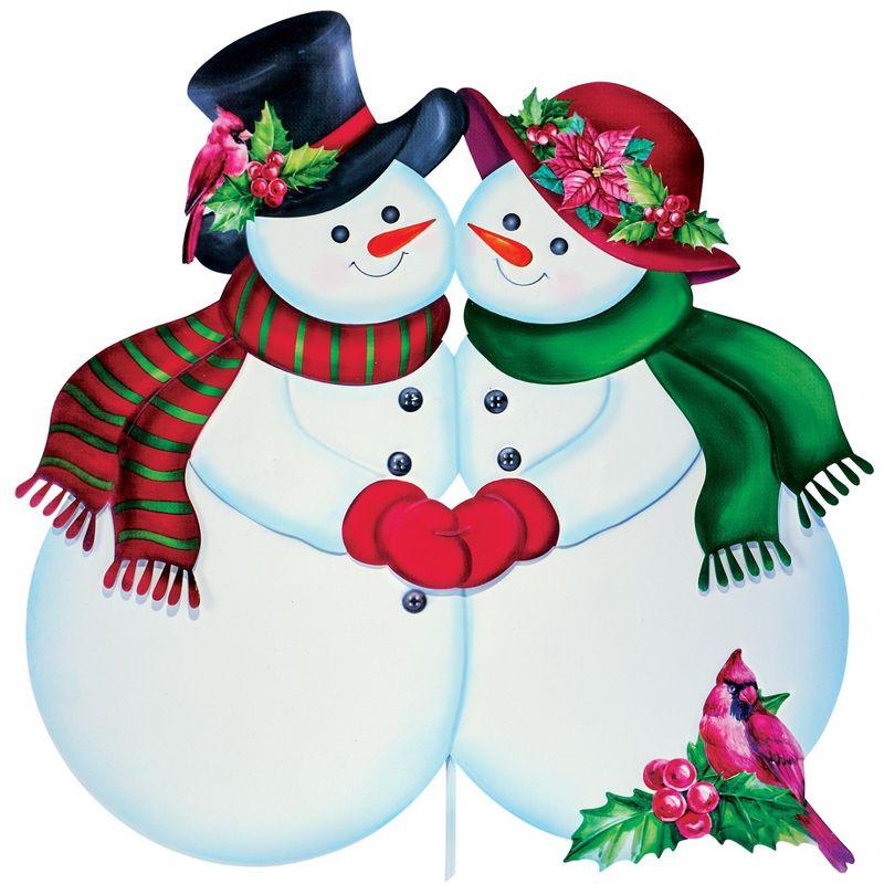 Festive Snowman Couple Metal Yard Stake with Cardinal Accents