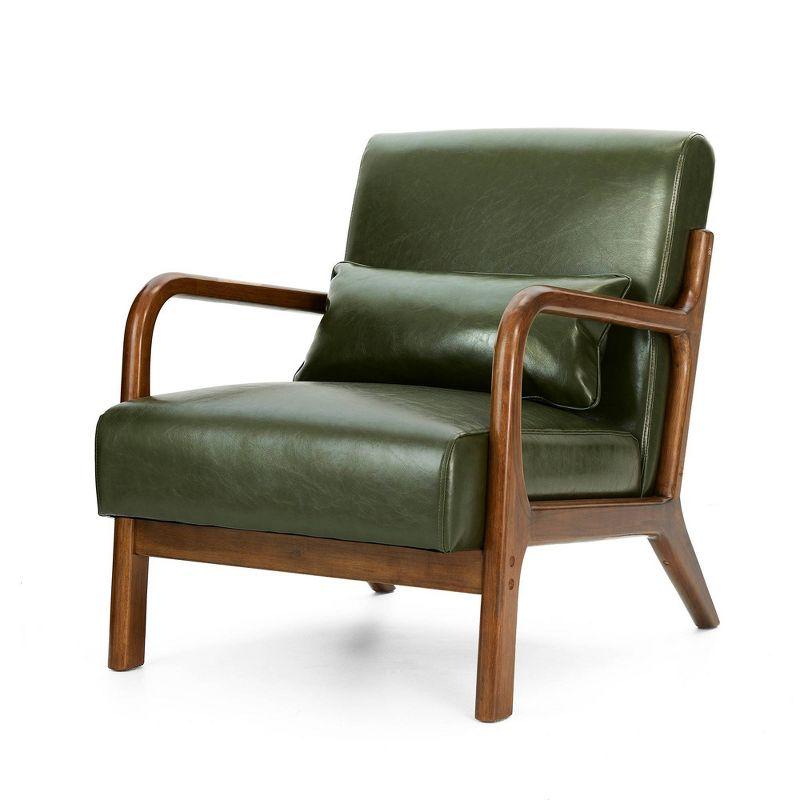 Green Faux Leather Mid-Century Modern Accent Chair with Walnut Wood Frame