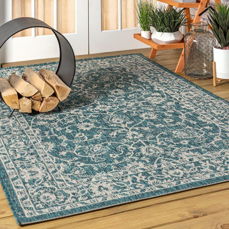 4'x6' Palazzo Vine and Border Textured Weave Indoor/Outdoor Area Rug, Teal/Gray - JONATHAN Y