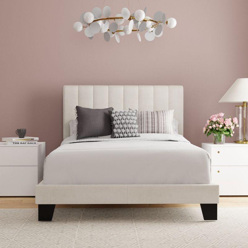 Cream Velvet Upholstered Adjustable Full Platform Bed with Tufted Headboard