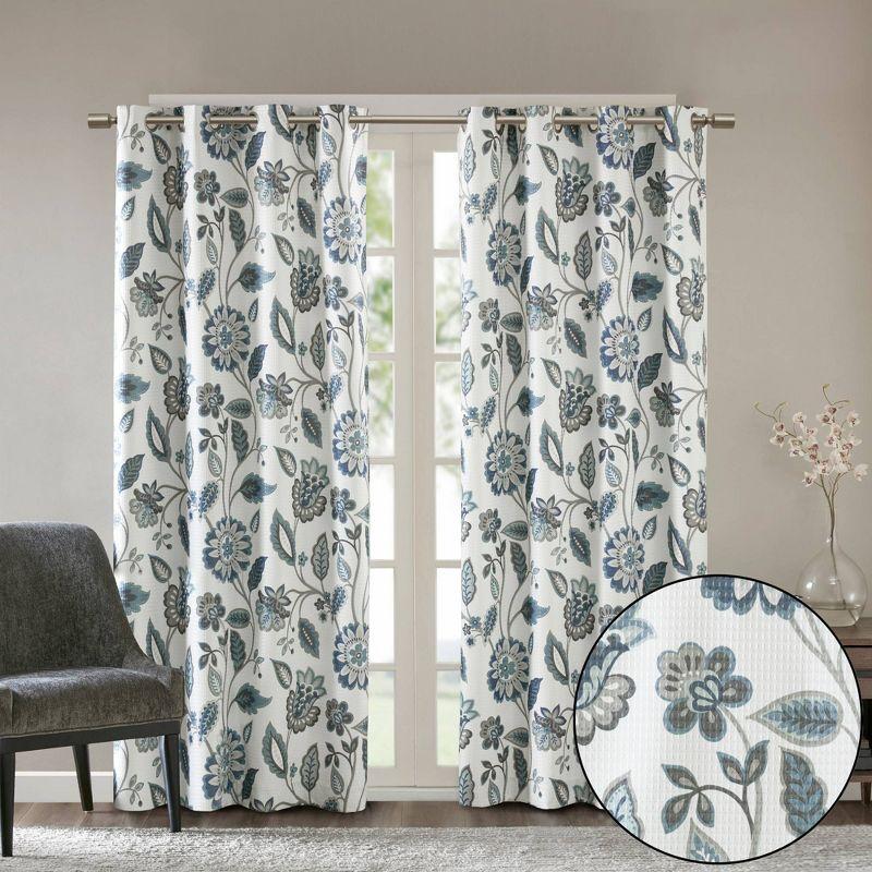 Aqua Floral Jacquard Room Darkening Grommet Curtains