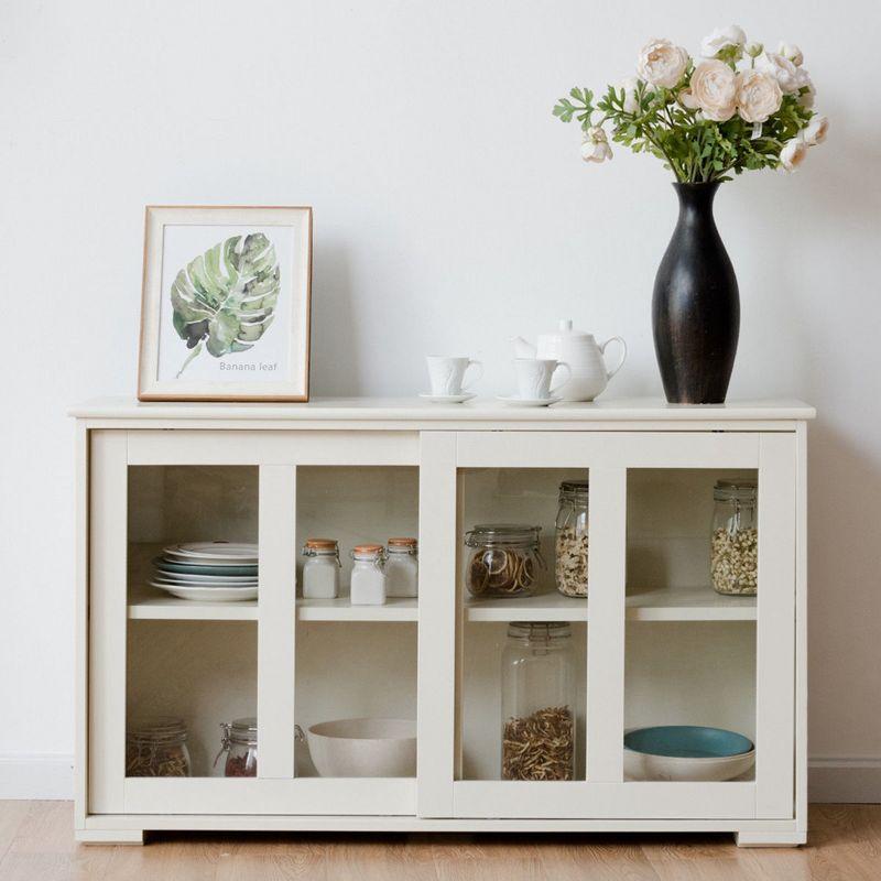 Off-White MDF Kitchen Storage Cabinet with Glass Sliding Doors