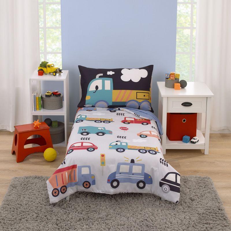 Gray and Multicolor Reversible Toddler Bed Set with Transportation Theme