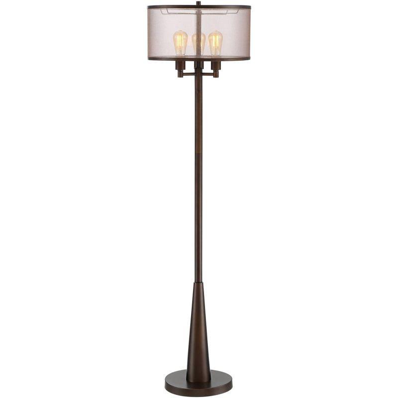 Franklin Iron Works Durango Rustic Farmhouse Floor Lamp 62" Tall Oiled Bronze Metal 3 Light LED Brown Sheer Drum Shade for Living Room Bedroom Office